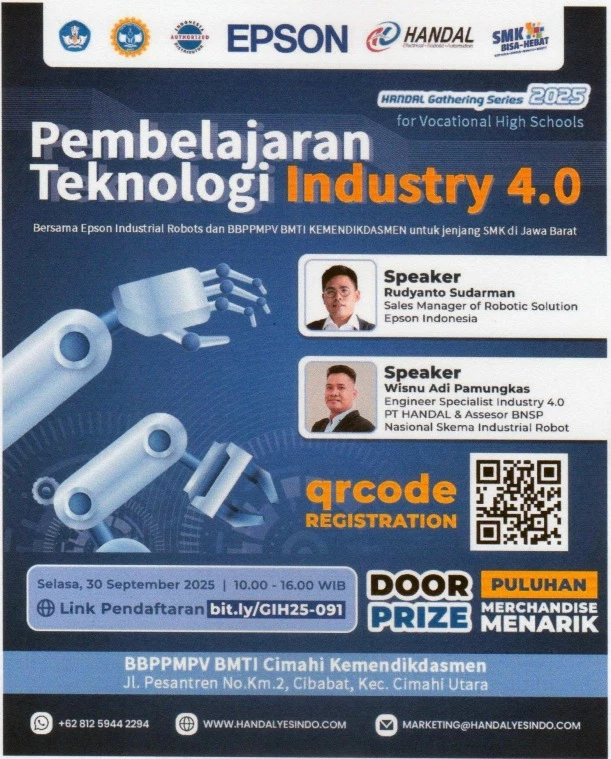 Undangan Pembelajaran Teknologi Industry 4.0 bersama EPSON Industrial Robots & BBPPMPV BMTI Kemendikdasmen untuk Jenjang SMK di area Jawa Barat.
